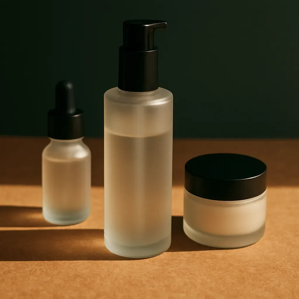 Skincare products in a warm, minimal arrangement